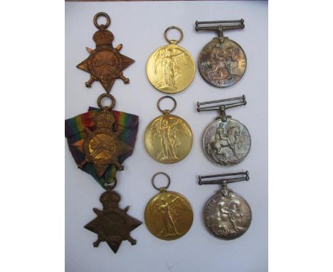 Three groups of WWI medals Victory, British War and 1914-15 Stars, inscribed 13325 PTE E Simpson Bord R, SS6149 T Peers ORD R
