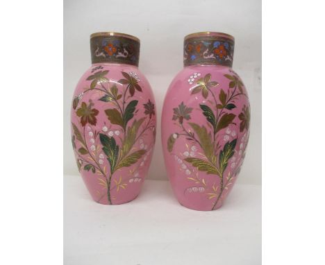 A pair of Victorian pink overlaid white glass vases of ovoid form decorated with flowers and leaves in enamel and gilt, 13 3/