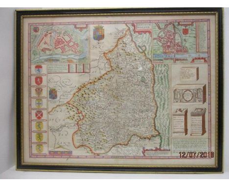 A 17th century John Speed coloured map of Northumberland, with town plans of Barwick and Newe Castle, 161/4" x 21", framed an