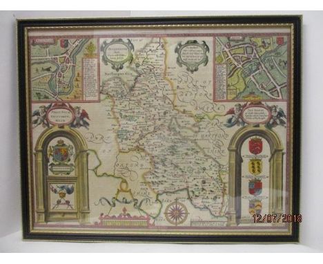 A 17th century John Speed coloured map of Buckinghamshire, with town plans of Buckingham and Redding, 15 1/2" x 20", framed a