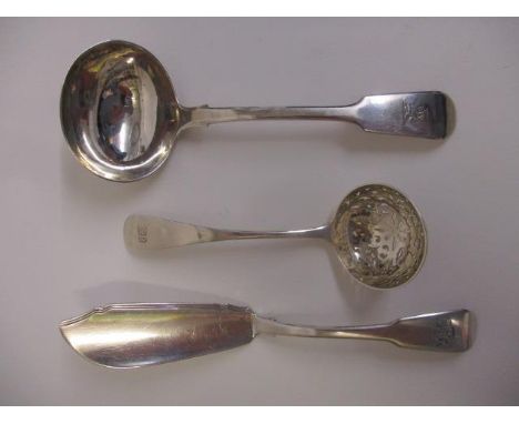 19th century silver flatware comprising a Fiddle pattern sauce ladle by Thomas Sewell, Newcastle 1857, a Fiddle pattern butte
