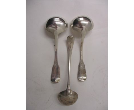 A pair of George III silver fiddle and thread pattern sauce ladles by Solomon Houghman, London 1813 and a later fiddle patter