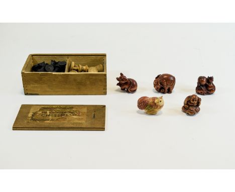 Small Collection of Boxwood Signed Netsukes comprising  monkey holding a peach, rat holding two peaches and an elephant with 