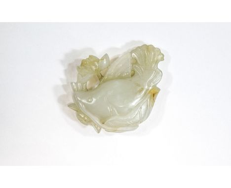 A Chinese Antique White Jade Fish and Lotus Pendant. 38 grams. 2.5 Inches High. 