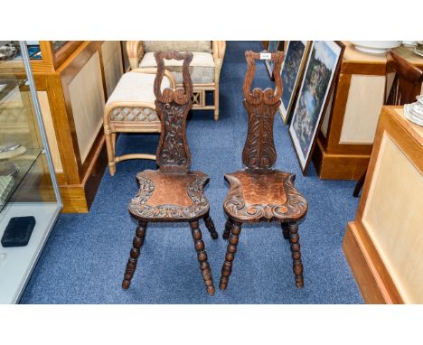 Pair of Oak Carved Spinning Chairs, Stylised Lyre Back with Acanthus Carved Decoration on Bobbin Turned Legs. 