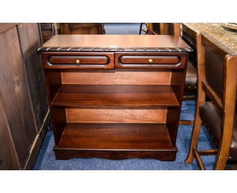 Modern Mahogany Finish Bookcase, two drawers above single adjustable shelf, Height 31 inches, 32 by 12 inches.