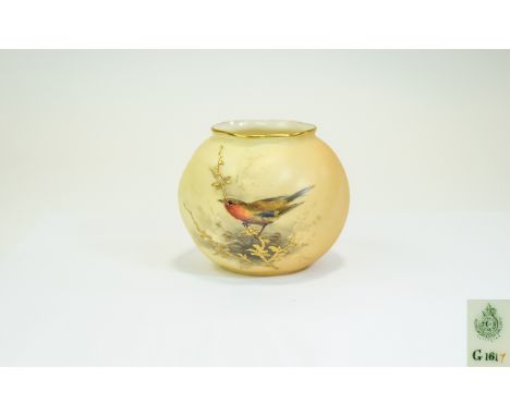 Royal Worcester Hand Painted Small Bowl, Decorated with a Painted Image of a Robin on a Branch on a Blush Ivory Back Ground. 