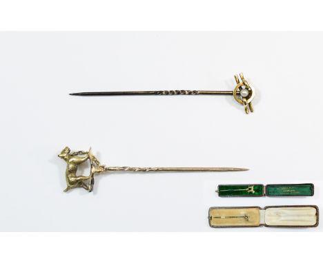 Victorian 15ct Gold Stick Pin with Seed Pearl. Marked 15ct, with Original Period Box + a Further Victorian 9ct Gold Stick Pin