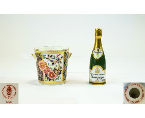 Royal Crown Derby Miniature Champagne Bottle and Ice Bucket. Date 1997. Ceramic Bottle - 3.75 Inches High & Ice Bucket - 2.5 