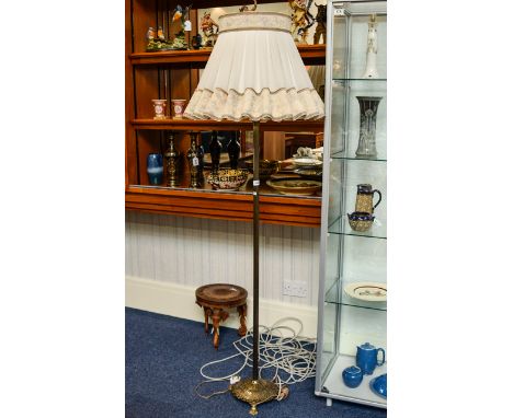 Brass Standard Lamp, Circular Shaped Base with Lion Claw Feet with Cream Shade. 
