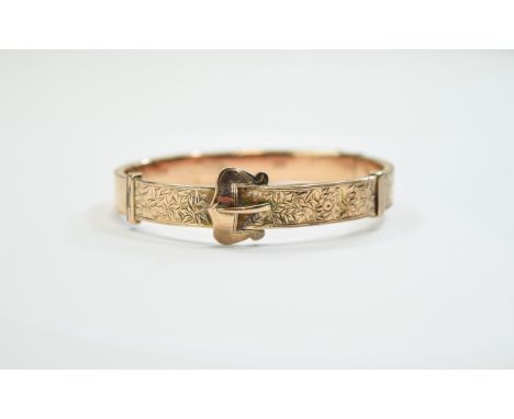 Edwardian 9ct Rose Gold Hinged Buckle Bangle with Attached Safety Chain. Hallmark Chester 1910. 12.4 grams. Couple of Dings t