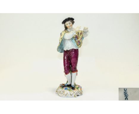 Volkstedt - Fine Hand Painted Porcelain Figurine ' Male Musician ' In Pristine Condition. c.1880, Base with Volkstedt Mark fo