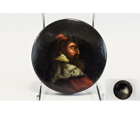 French 18th / 19th Century Hand Painted Paper Mache on Wood Round Lidded Snuff Box, Portrait of a French Nobleman. 4.25 Inche