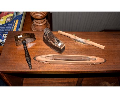 Vintage Tools Collection of four wooden tools to include, gavel, shuttle and planes.