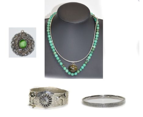 Assorted Silver Items including wide bangle, pendant, heavy bangle, necklace, turquoise beads, labradorite pendant necklace e