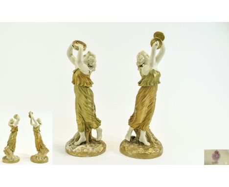 Royal Worcester 19th Century Fine Pair of Hand Painted Porcelain Figurines Wearing Flowing Classical Robes, Dancing and Playi