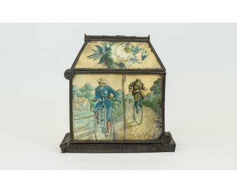 Antique Tin Money Box Small square money box fashioned from tin with aged patina. Aperture to base with hinged lid. Decoupage