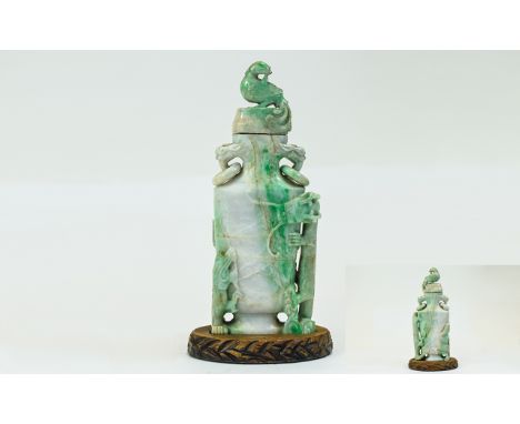 Chinese Qing Dynasty Carved Jade Vase And Cover Twin Ring Handles. The Carved Jade Cover In The Form of a Mythical Bird, The 