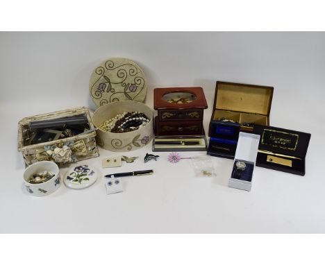 Collection of Assorted Costume Jewellery comprising beads, ladies wristwatches, modern fountain pens, trinket box, earrings, 