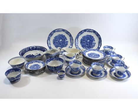 Heathcote China Blue and White 28 Piece Part Tea Service ' The Old English Scenery ' Pattern. Comprises 5 Cups and Saucers ( 