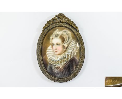 A 19th Century - Signed Miniature Portrait on Ivory of Marie Stuart ( Mary Queen of Scots ) Set within an Ornate Oval Metal F