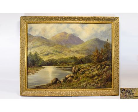 R. G. Rie 19th Century Artist Large Oil on Canvas - Titled ' In The Heart of The Highlands ' Artist Signed to Reverse, Signed