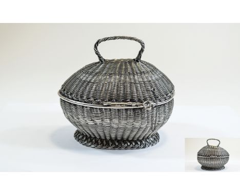 Antique - Handmade and Impressive Portuguese Silver Wired Weave Lidded Trinket Basket with Handle. Marked to Key. 173 grams. 