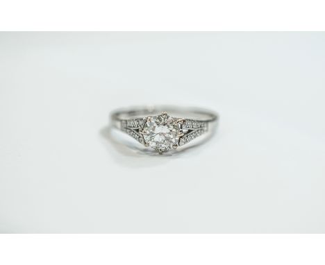 18ct White Gold Set Single Stone Diamond Ring. c.1930's. The Single Stone Diamond of Good Colour and Clarity. Est Weight 85 p