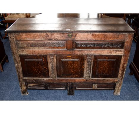 17th / 18th C Mule Marriage Chest, Hinged Top, Carved and Panelled Front and Sides, Initialled NS & AS, Peg Construction, Loo