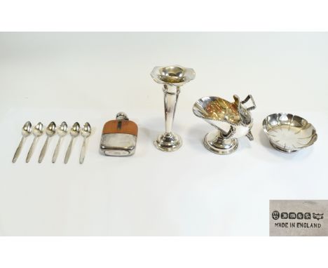 Collection of Silver and Silver Plate Items Five in total to include hallmarked hip flask, bon bon dish, miniature coal scutt