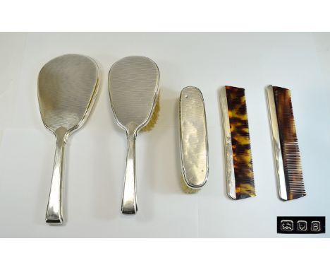 Art Deco - Silver 4 Piece Ladies Vanity Set, Comprises Hand Mirror, Hand Brush, Comb and Small Brush + One Extra Comb. Hallma