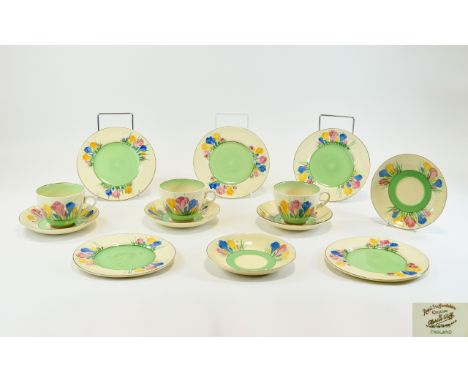 Clarice Cliff Crocus Pattern 1, Comprises 3 x Trios, 2 x 5 m Plates & 2 x Saucers. 