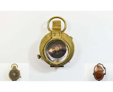 World War I Verners - Swiss Brass Cased Quality Pocket Compass. No 31701, Date 1915 with Leather Case and Strap. Excellent Co