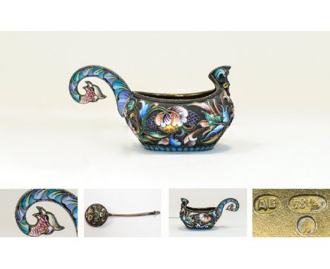Russian Superb Quality Silver Gilt and Cloisonne Enamel Kovsh and Associated Spoon. Work master A, E, Egorov Aleksandr Sergee