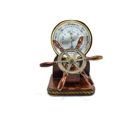 Maritime Interest Novelty Barometer By Shortland In The Form Of A Ships Wheel, Oak Frame With Rope Edge, Height 16 Inches