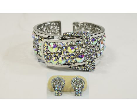 Aurora Borealis Crystal Buckle Bangle and Matching Earrings, an open backed bangle with sprung wire to allow access to almost