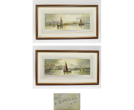 R - Bonham Early 20th Century Pair of Watercolours - Panoramic Seascapes ' Ships of The Coast ' Watercolours. Signed and Date