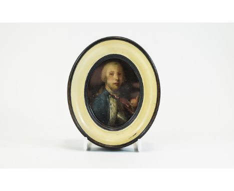 Dutch / German 18th Century Miniature Portrait on Copper of a Young Gentleman, Set within an Oval Shaped Painted Wooden Frame