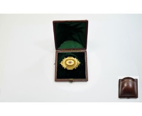 Victorian - Nice Quality 15ct Gold Locket / Brooch. The Centre Set with Ruby and Pearls with Period Box. 1.5 Inches Wide. 8.4