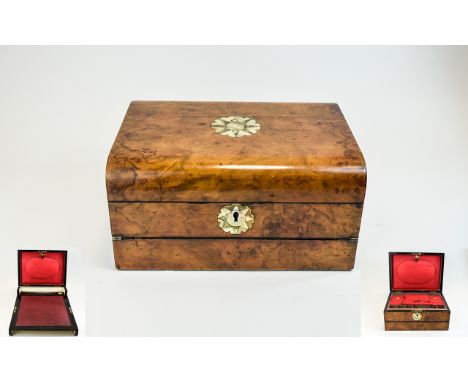 Victorian - Good Quality Walnut Veneered Stationary and Writing Box. c.1880 with Mother of Pearl Inlay to Cover and Front Pan