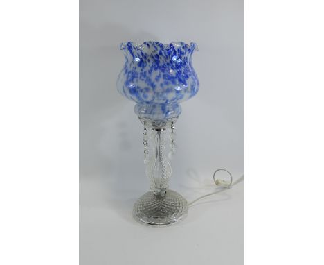 Glass Table Lamp, Blue Mottled Pattern Glass Shade with Glass Droplets. 17 Inches High. 