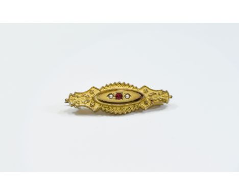 Victorian 9ct Gold Brooch Set with Ruby and Pearls to Centre. Hallmark Birmingham 1892. 1.75 Inches Diameter. 