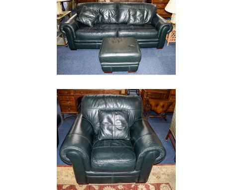 Forest Green Leather Suite comprising three seater sofa and three single arm chairs.