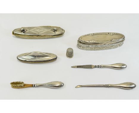 Antique Silver Part 5 Piece Manicure Set. Fully Hallmarked + a Silver Topped Antique Cut Glass Trinket Jar, Fully Hallmarked 