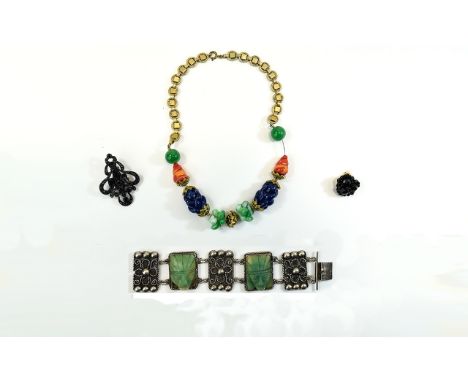 Small Aztec Style Panel Bracelet, vintage fancy glass bead necklace etc (a/f)