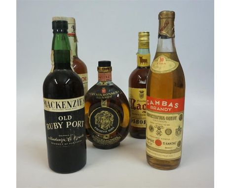 Seven Bottles Of Assorted Brandy & Port, to include Makenzie,s Old Ruby Port, Fundador Brandy, 1 litre, Vecchia Romagna Brand