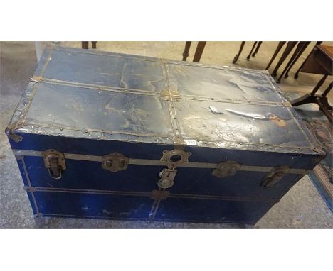 A Vintage Blue Painted Metal Travel Trunk, with a hinged top, 53cm high, 102cm wide, 54cm deep