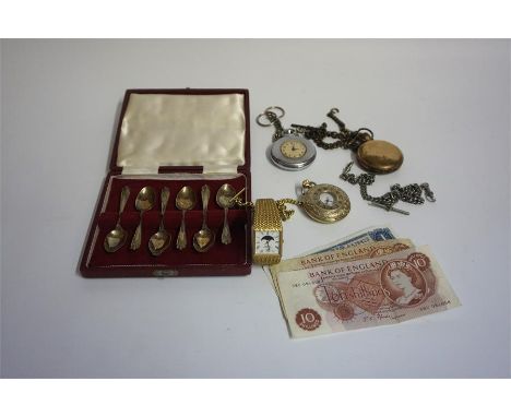 A Mixed Lot Of Jewellery, Silver & Banknotes, to include a 9ct gold opal ring, a silver albert chain, a set of six silver cof