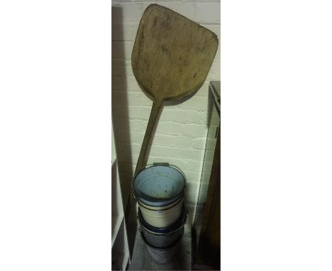 Six Assorted Vintage Tin Pails, to include enamel examples, also with a wooden paddle, (7)