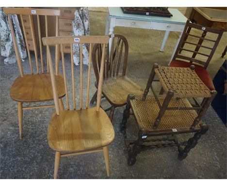 A Mixed Lot Of Chairs & Stools, to include a pair of Blonde Ercol chairs, an Antique wheel back chair and an Antique Bergere 